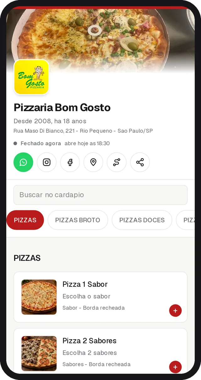 Cardápio da Pizzaria Bom Gosto aberto num celular: capa, logo, botões de WhatsApp e redes, e a lista de pizzas com foto